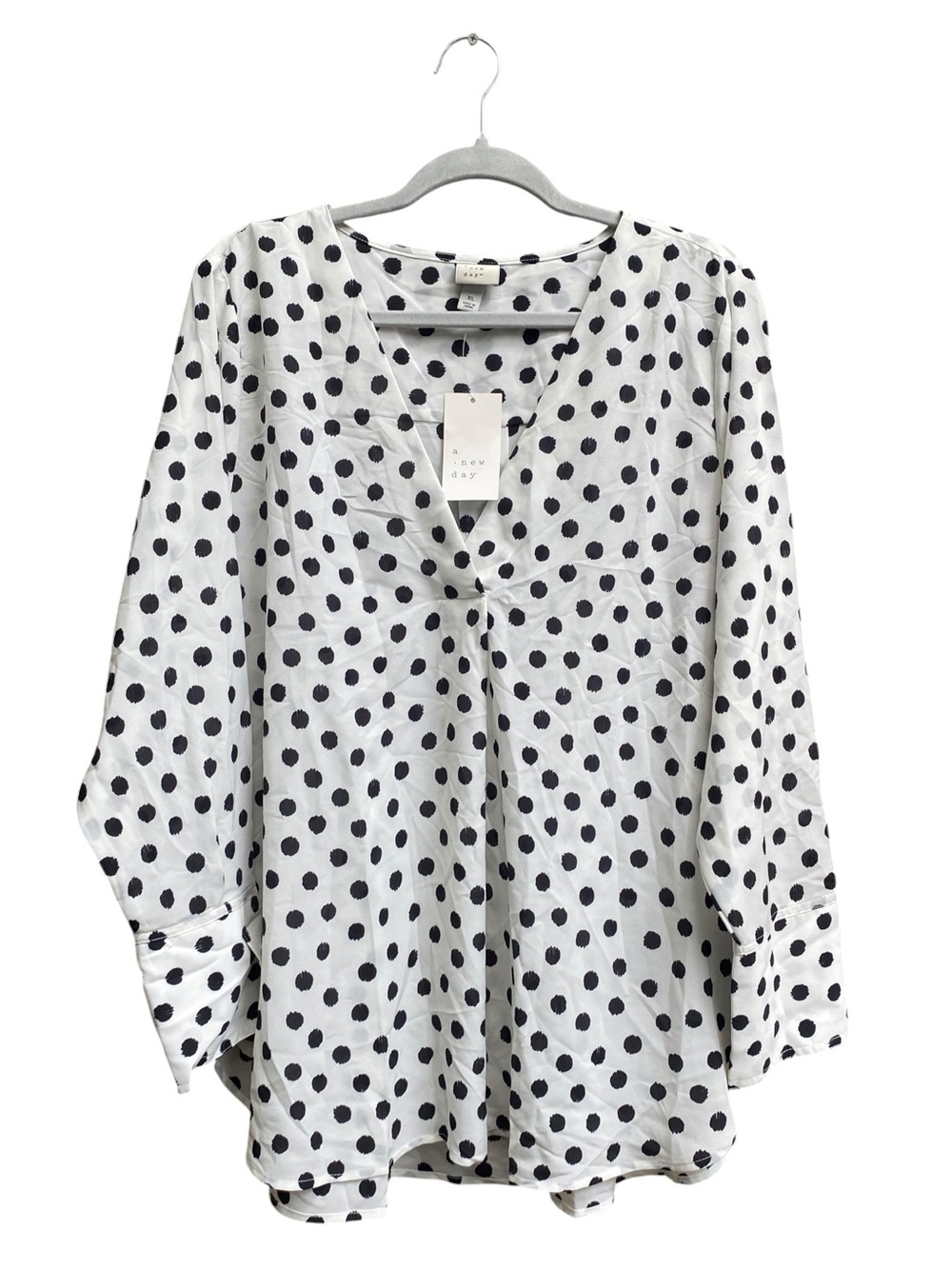 A New Day Polka Dot Shirt Black V-Neck Black White Blouse Top Womens Size XL NWT